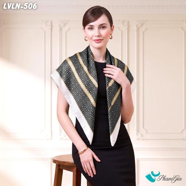 Khăn Lụa Vuông Luna 90X90Cm Họa Tiết Geometric Phối Khóa Kim Loại Màu Trắng (LVLN506)