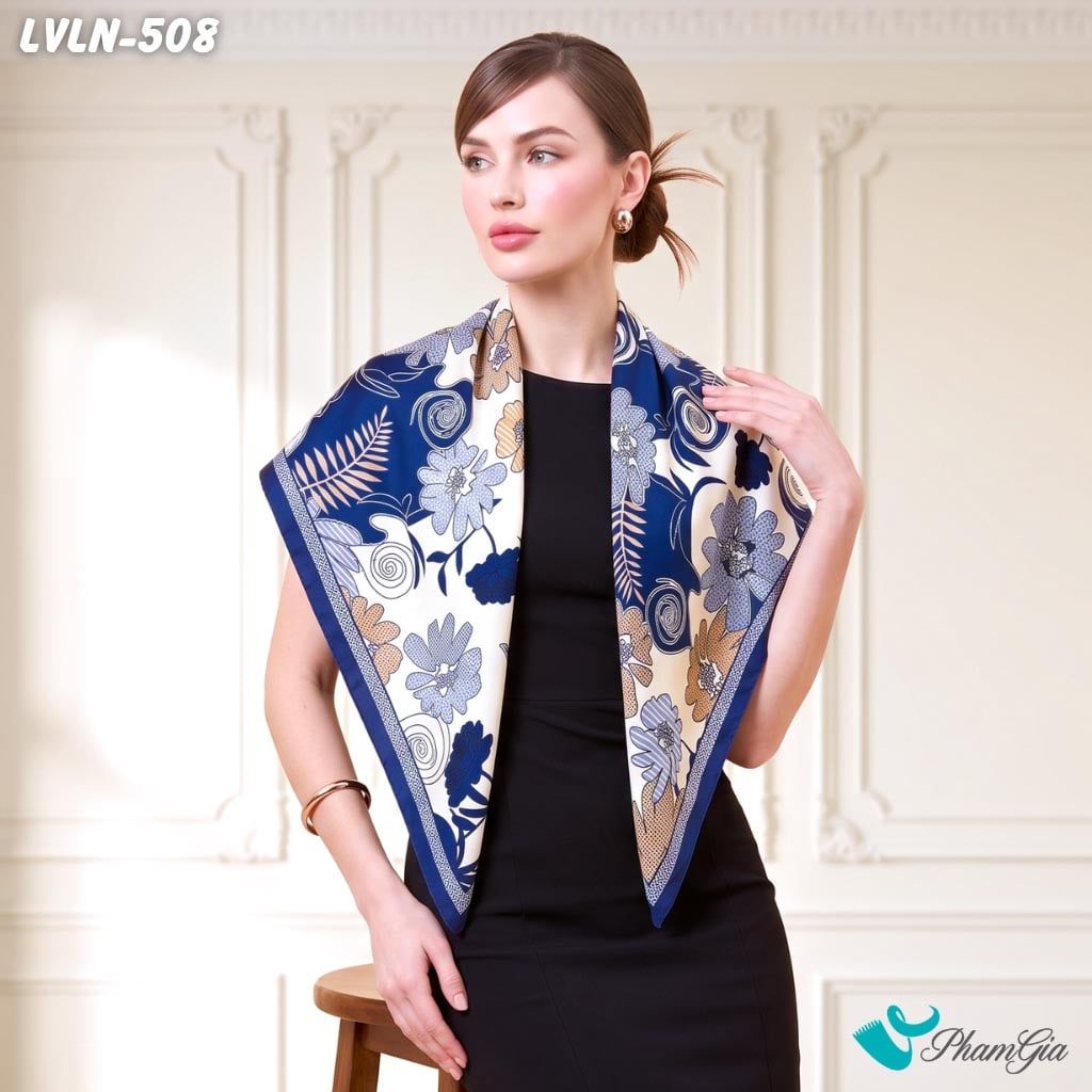 Khăn Lụa Vuông Luna 90X90Cm Họa Tiết Floral Cách Điệu Tone Xanh Thanh Lịch (LVLN508)