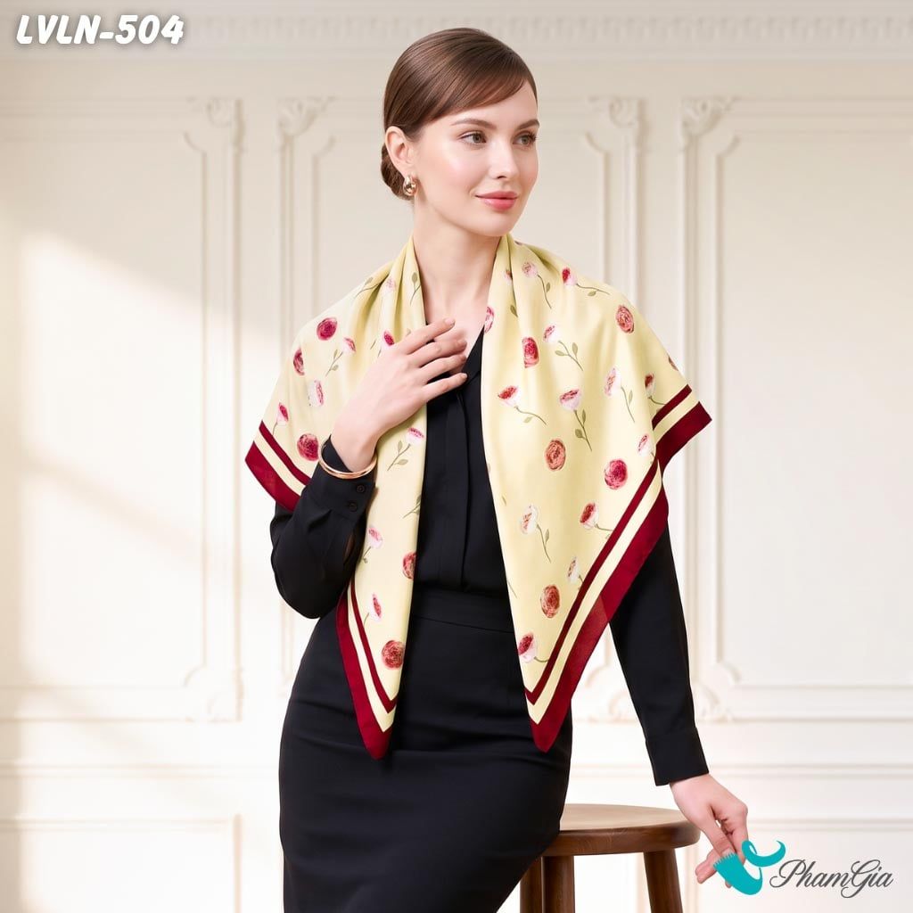 Khăn Lụa Vuông Luna 90X90Cm Họa Tiết Hoa Hồng Cổ Điển Phối Viền Màu Vàng Đỏ Sang Trọng (LVLN504)