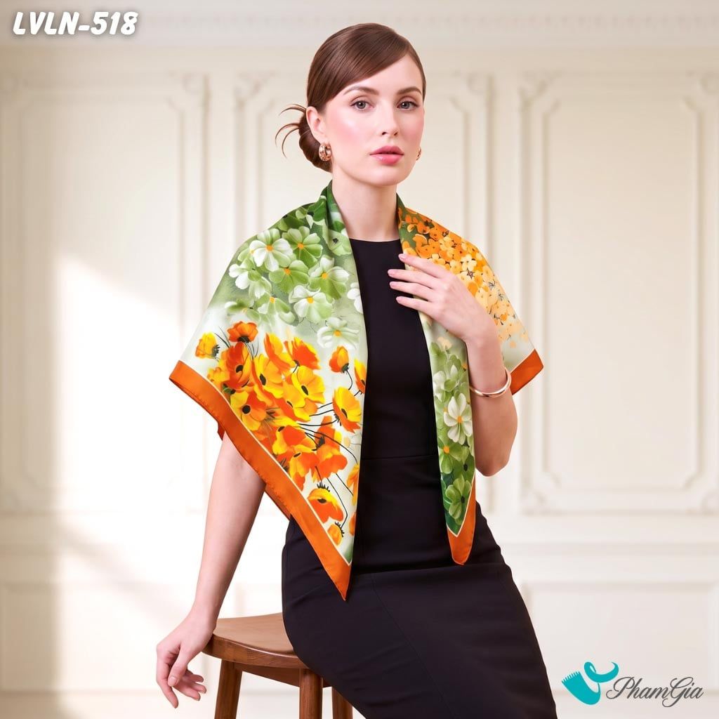 Khăn Lụa Vuông Luna 90X90Cm Họa Tiết Hoa Poppythủy Mặc Tone Cam Xanh Đẳng Cấp (LVLN518)