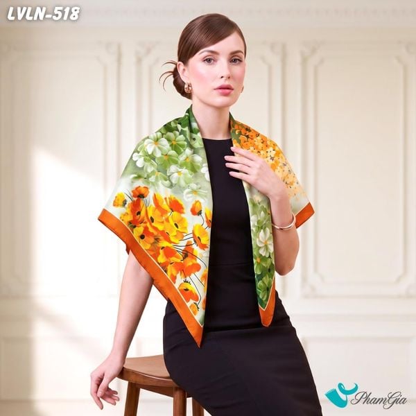 Khăn Lụa Vuông Luna 90X90Cm Họa Tiết Hoa Poppythủy Mặc Tone Cam Xanh Đẳng Cấp (LVLN518)