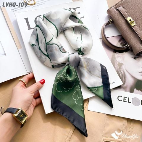 Khăn Lụa Vuông 70*70Cm Phong Cách Hàn Quốc Họa Tiết Hoa Hồng Đại Đóa Màu Xanh Rêu (LVHQ109)