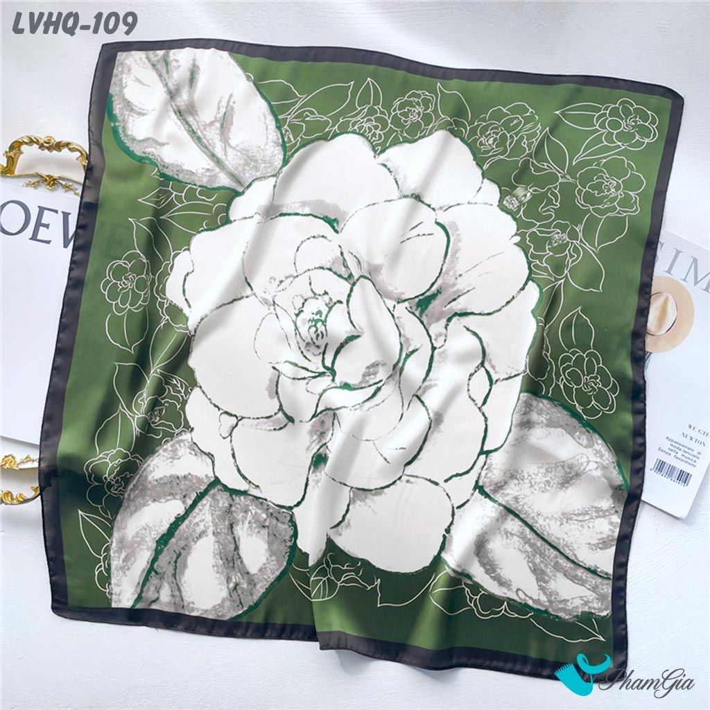 Khăn Lụa Vuông 70*70Cm Phong Cách Hàn Quốc Họa Tiết Hoa Hồng Đại Đóa Màu Xanh Rêu (LVHQ109)