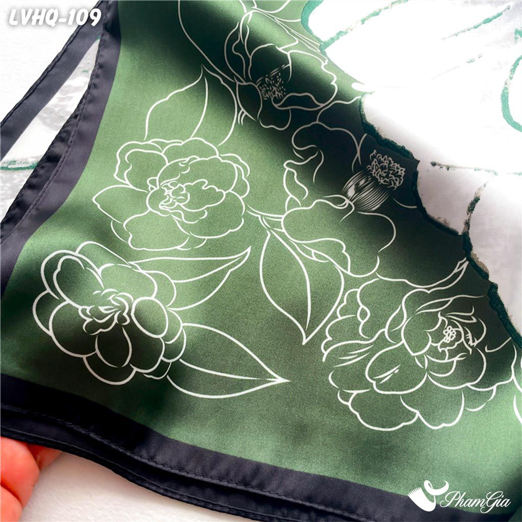 Khăn Lụa Vuông 70*70Cm Phong Cách Hàn Quốc Họa Tiết Hoa Hồng Đại Đóa Màu Xanh Rêu (LVHQ109)