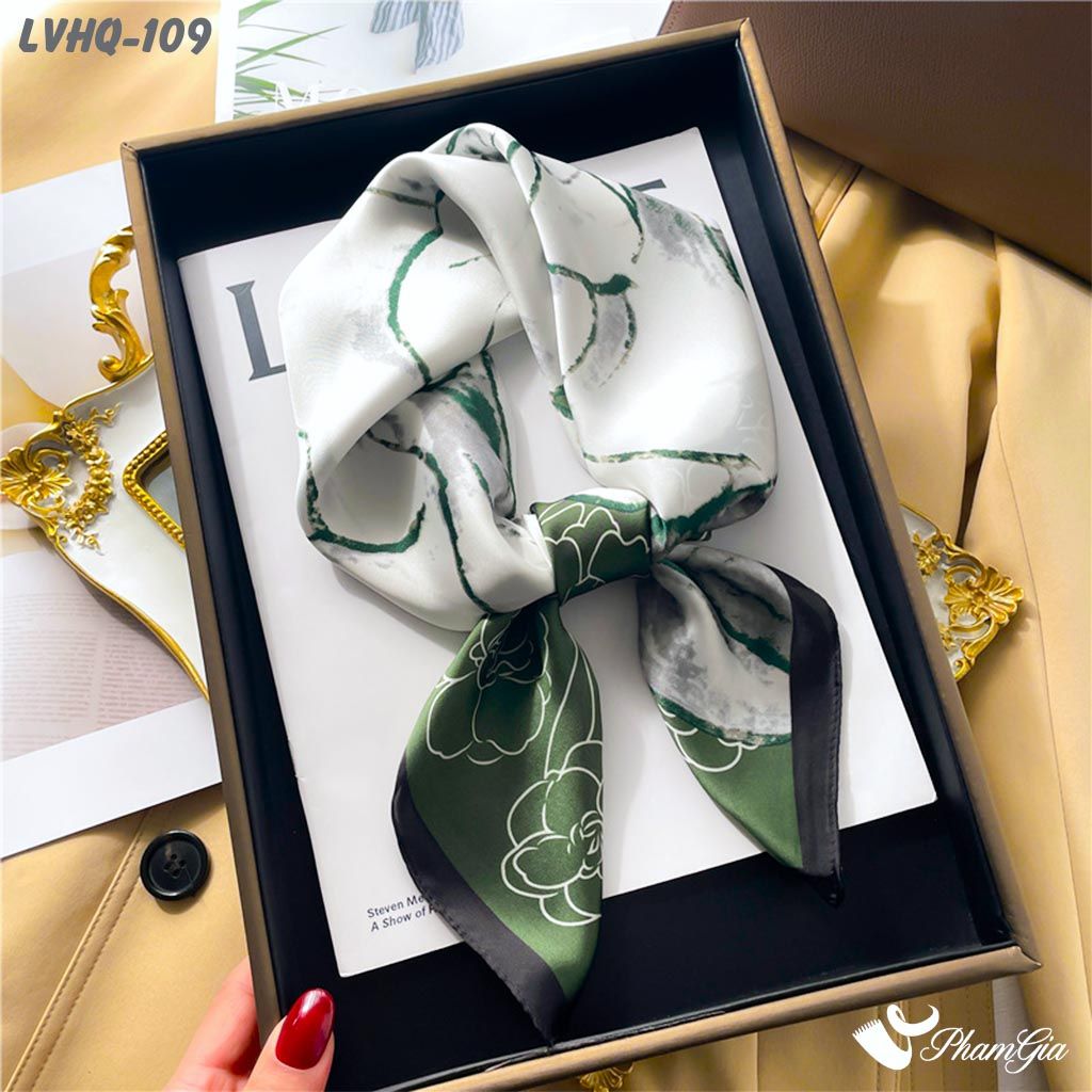 Khăn Lụa Vuông 70*70Cm Phong Cách Hàn Quốc Họa Tiết Hoa Hồng Đại Đóa Màu Xanh Rêu (LVHQ109)