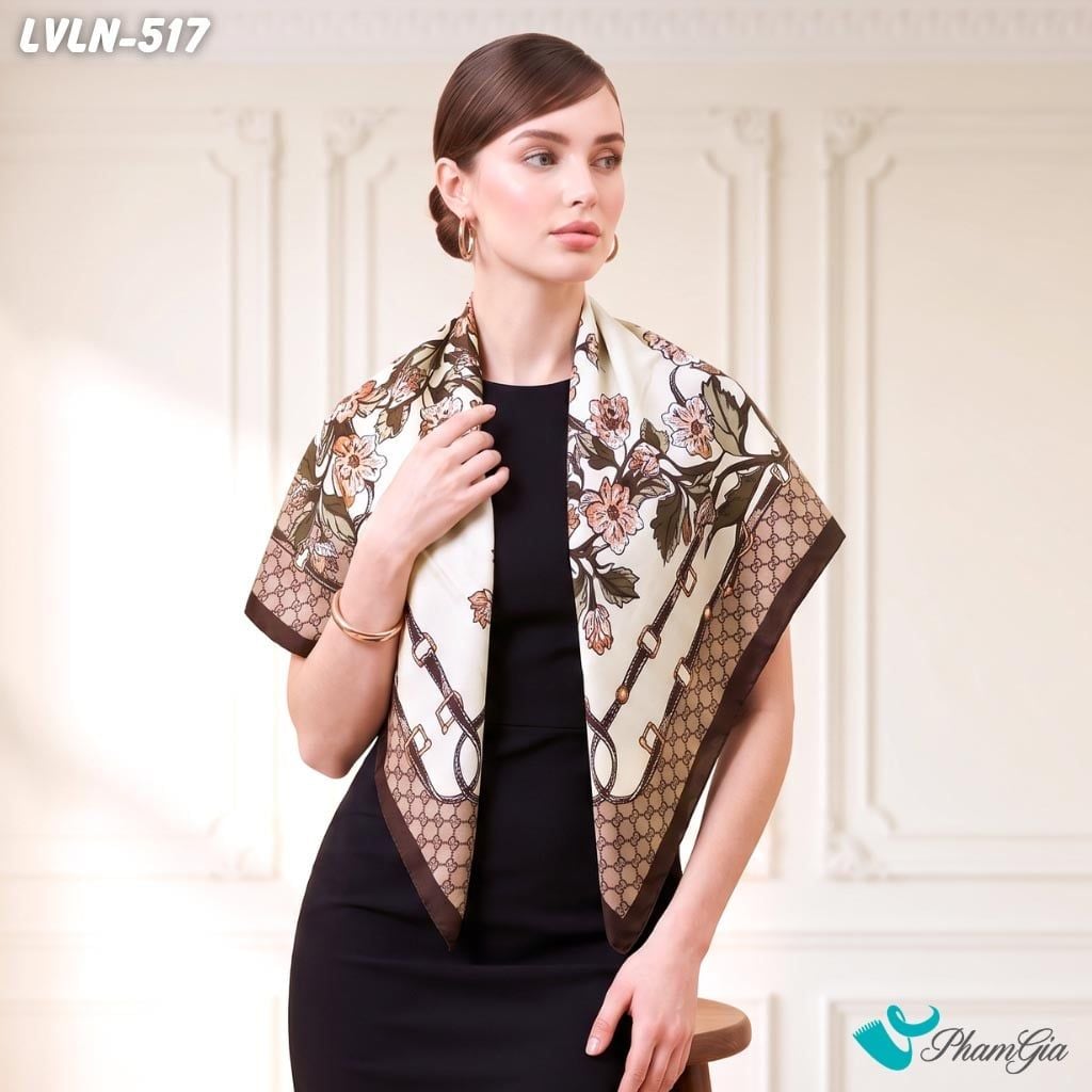 Khăn Lụa Vuông Luna 90X90Cm Họa Tiết Hoa Cổ Điển Viền Monogram Tone Nâu Be Quý Phái (LVLN517)