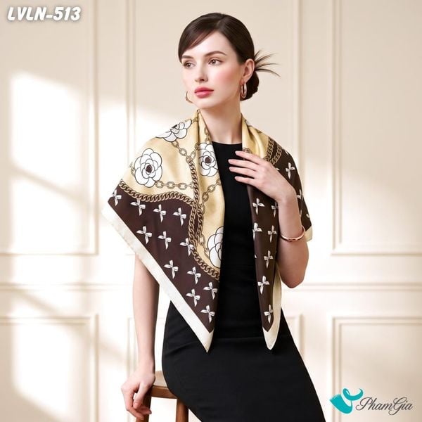 Khăn Lụa Vuông Luna 90X90Cm Họa Tiết Hoa Trà Phối Nơ Màu Nâu Be Sang Trọng (LVLN513)