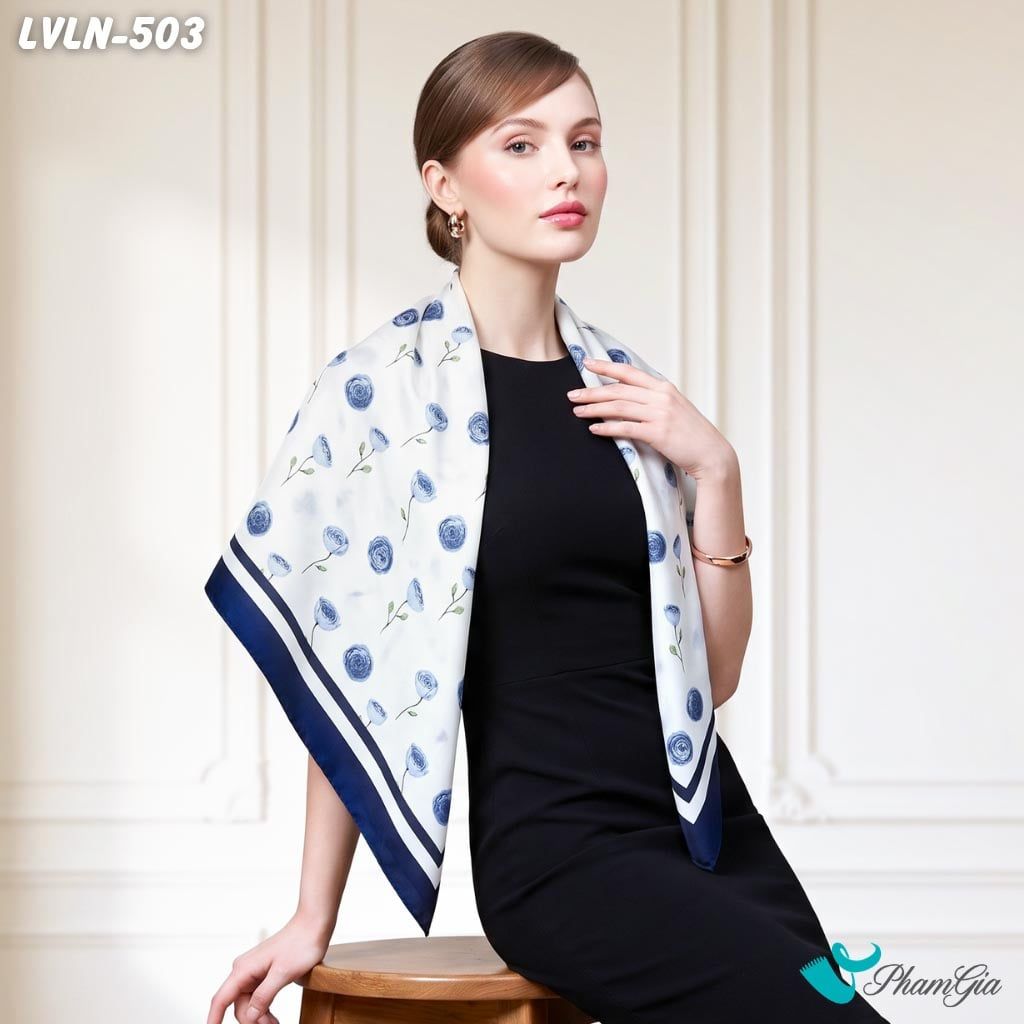 Khăn Lụa Vuông Luna 90X90Cm Họa Tiết Hoa Hồng Cổ Điển Phối Viền Màu Trắng Xanh Sang Trọng (LVLN503)