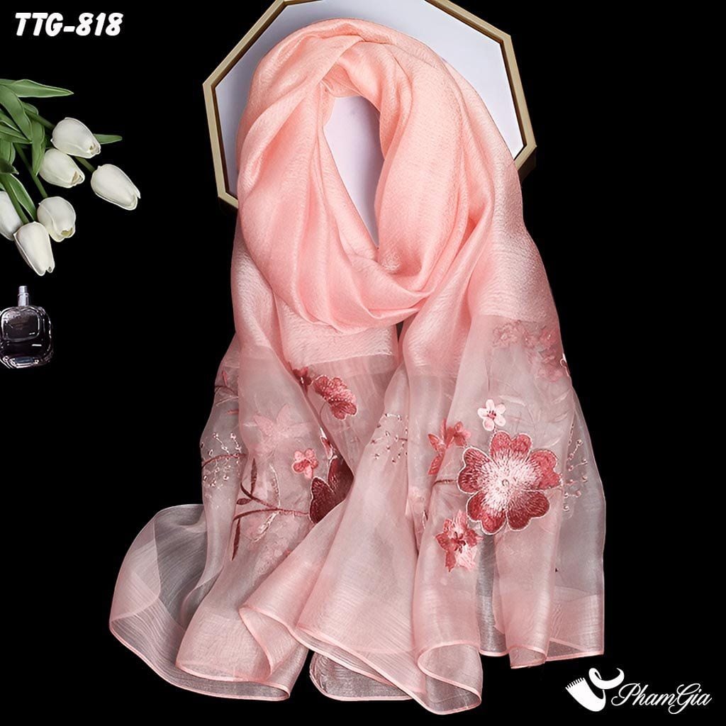 Khăn Choàng Tơ Tằm Gân Cao Cấp Thêu Hoa Mai Màu Hồng Baby Sang Trọng
