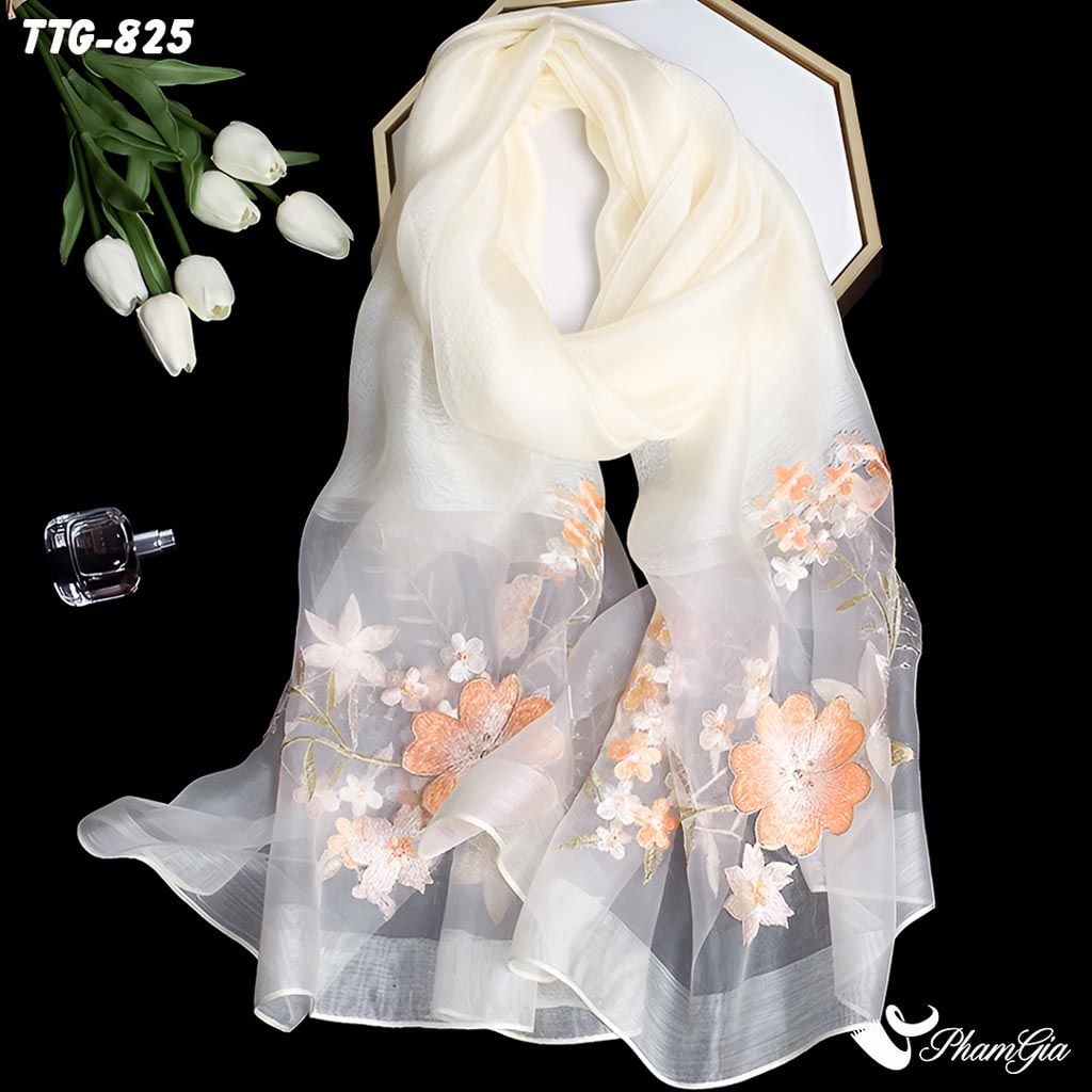 Khăn Choàng Tơ Tằm Gân Cao Cấp Thêu Hoa Mai Màu Trắng Kem Sang Trọng