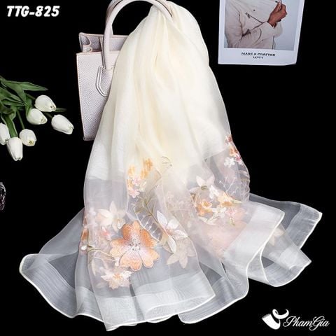 Góc Trên Khăn Choàng Tơ Tằm Gân Cao Cấp Thêu Hoa Mai Màu Trắng Kem Sang Trọng