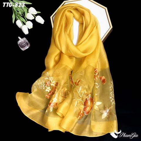 Khăn Choàng Tơ Tằm Gân Cao Cấp Thêu Hoa Mai Màu Vàng Gold Sang Trọng