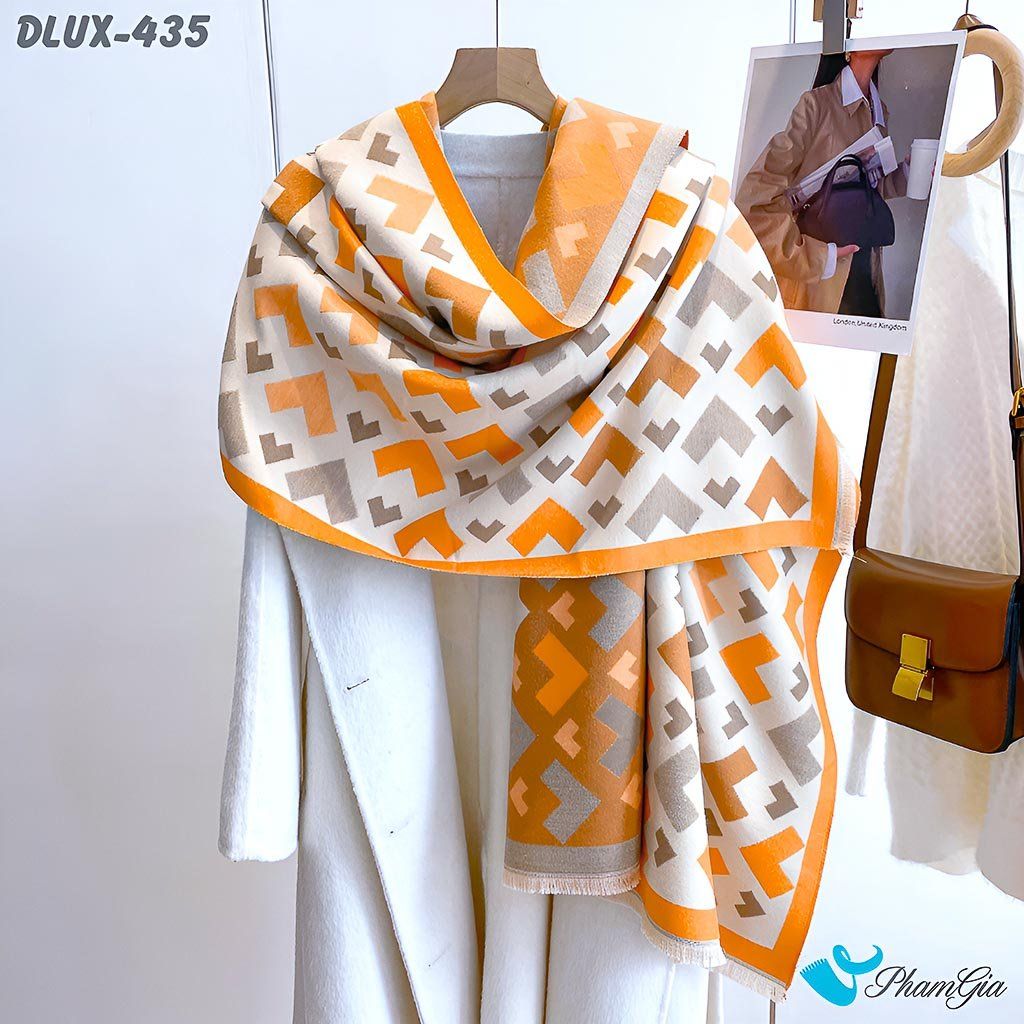 Khăn Choàng Dạ Cashmere Cao Cấp Họa Tiết Mũi Tên Hình Học Màu Kem Viền Cam Hiện Đại
