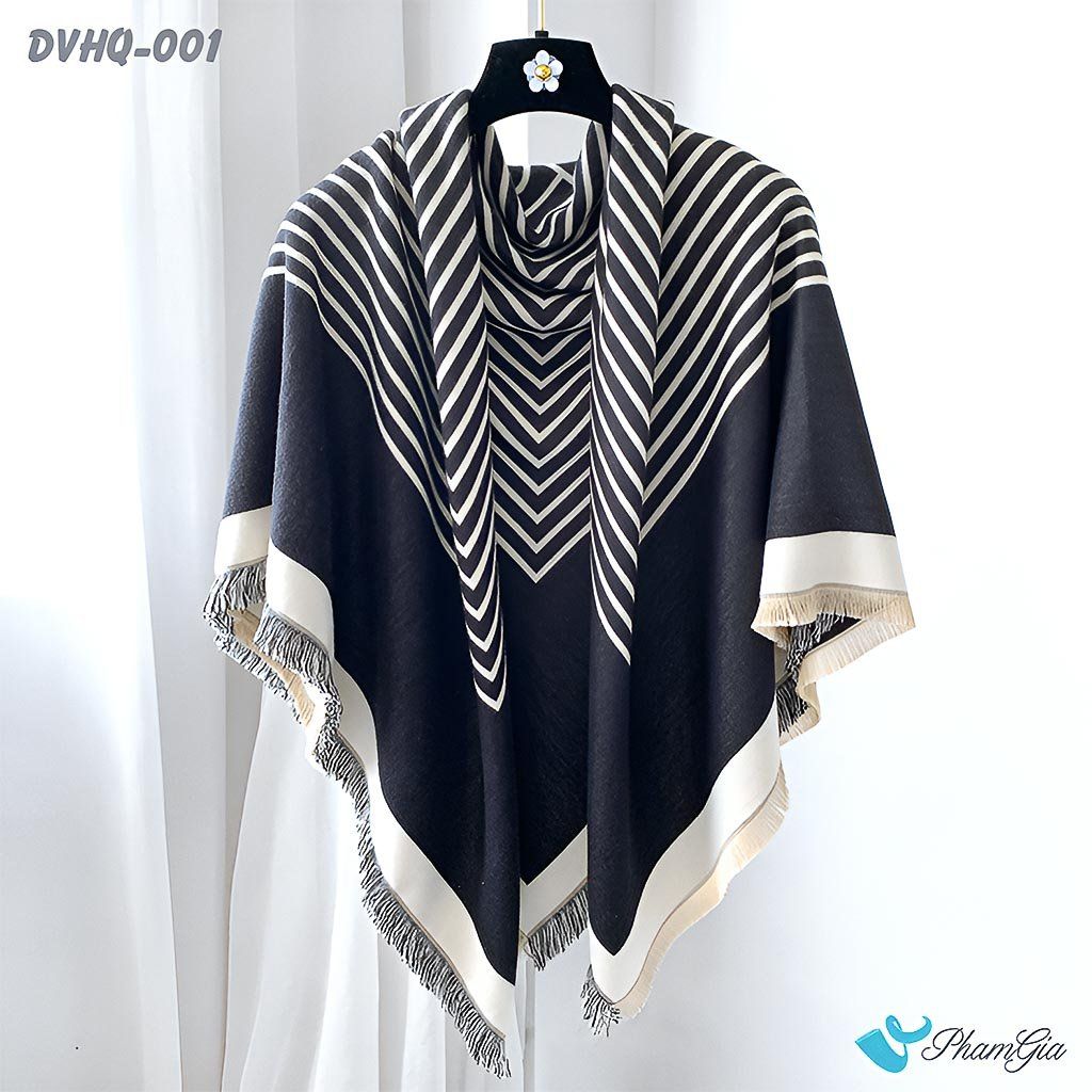 Khăn Choàng Dạ Cashmere Vuông Phong Cách Hàn Quốc Cao Cấp Họa Tiết Kẻ Sọc Đen - Trắng