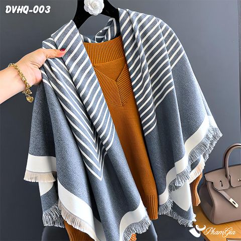 Khăn Choàng Dạ Cashmere Vuông Phong Cách Hàn Quốc Cao Cấp Họa Tiết Kẻ Sọc Ghi - Trắng