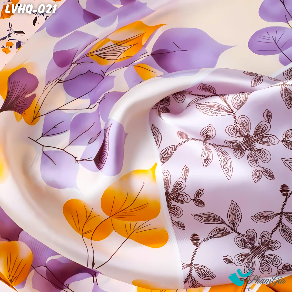 Khăn Lụa Vuông 70*70Cm Phong Cách Hàn Quốc Họa Tiết Hoa Bốn Mùa Viền Vàng (LVHQ021)