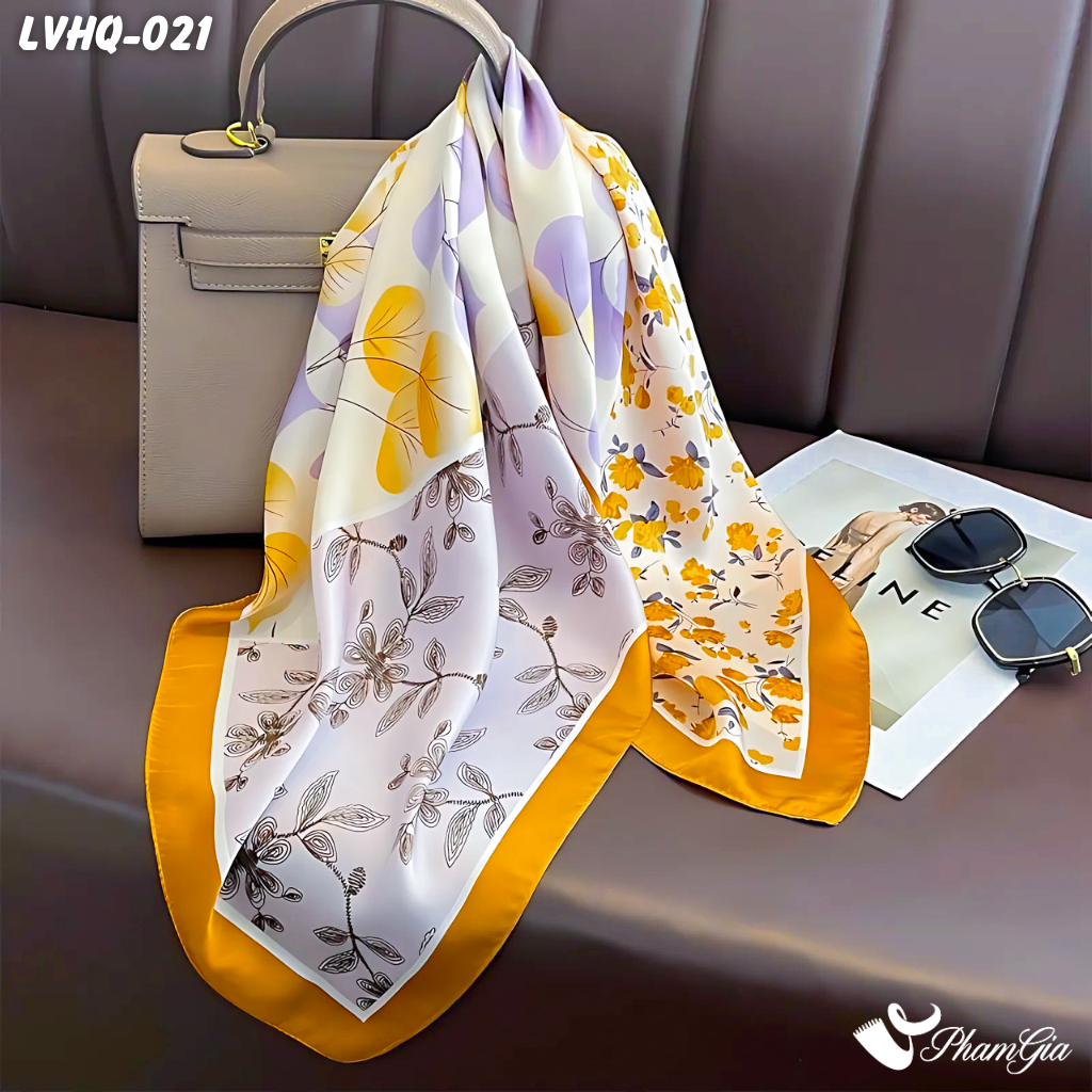 Khăn Lụa Vuông 70*70Cm Phong Cách Hàn Quốc Họa Tiết Hoa Bốn Mùa Viền Vàng (LVHQ021)