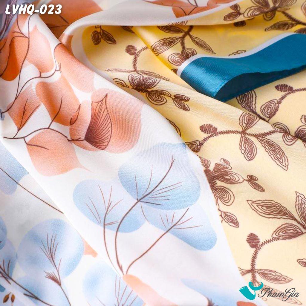 Khăn Lụa Vuông 70*70Cm Phong Cách Hàn Quốc Họa Tiết Hoa Bốn Mùa Viền Xanh (LVHQ023)