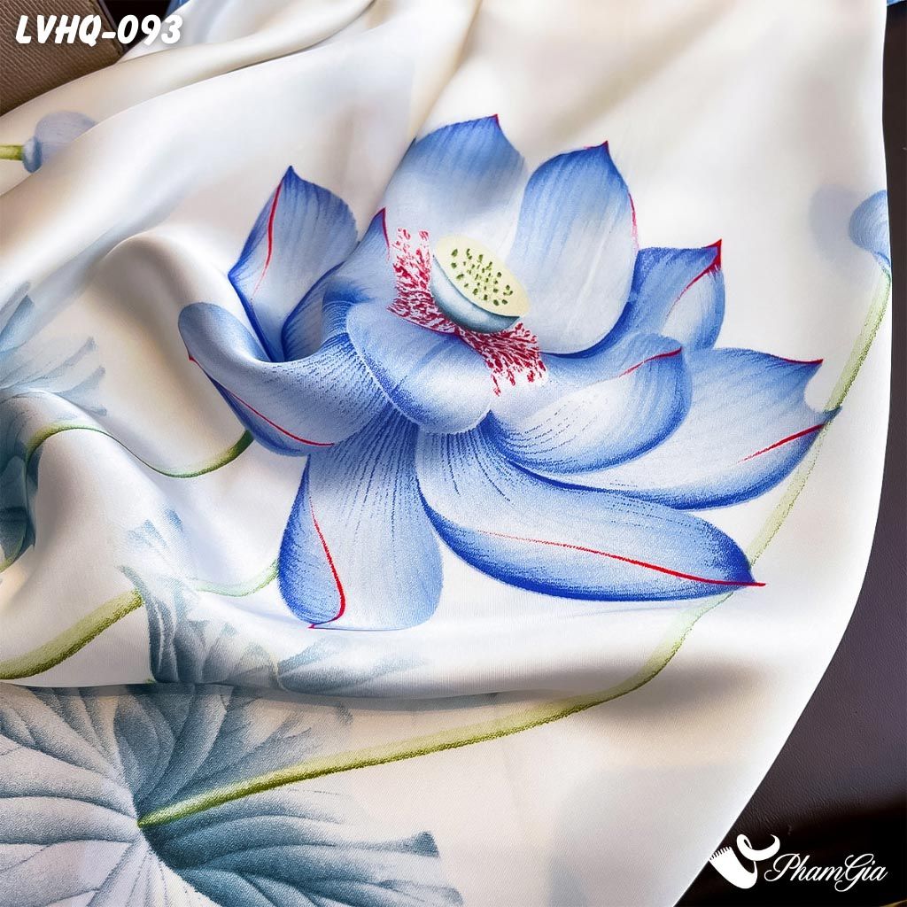 Khăn Lụa Vuông 70*70Cm Phong Cách Hàn Quốc Họa Tiết Hoa Sen Màu Xanh Bích (LVHQ093)