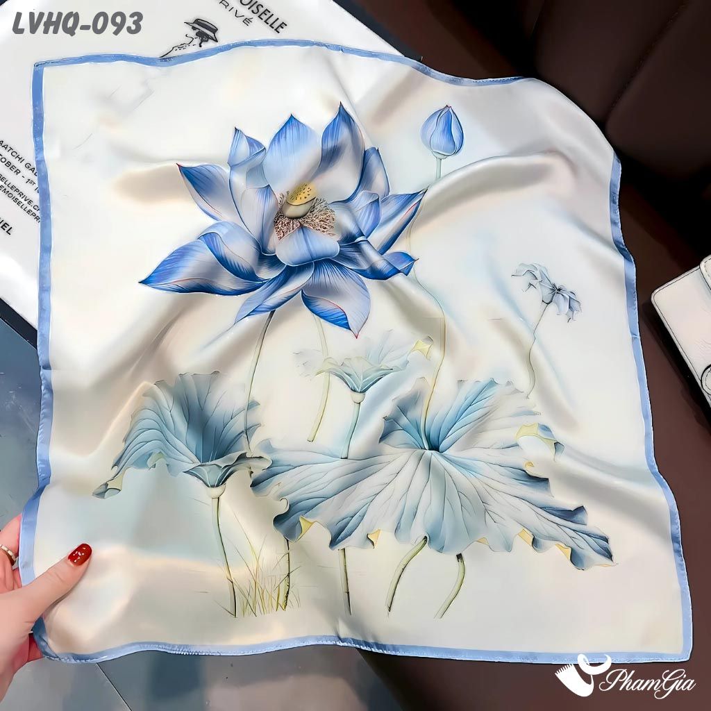 Khăn Lụa Vuông 70*70Cm Phong Cách Hàn Quốc Họa Tiết Hoa Sen Màu Xanh Bích (LVHQ093)