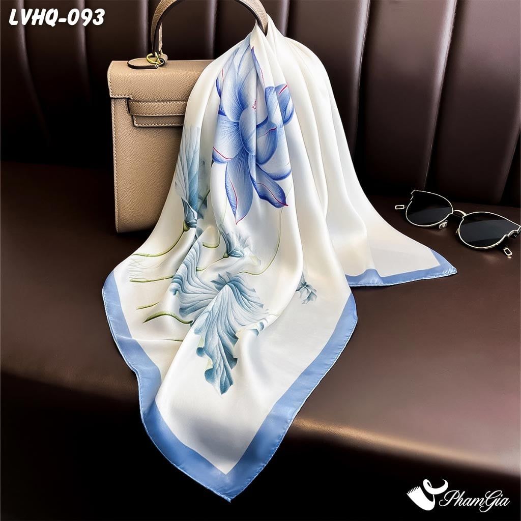 Khăn Lụa Vuông 70*70Cm Phong Cách Hàn Quốc Họa Tiết Hoa Sen Màu Xanh Bích (LVHQ093)