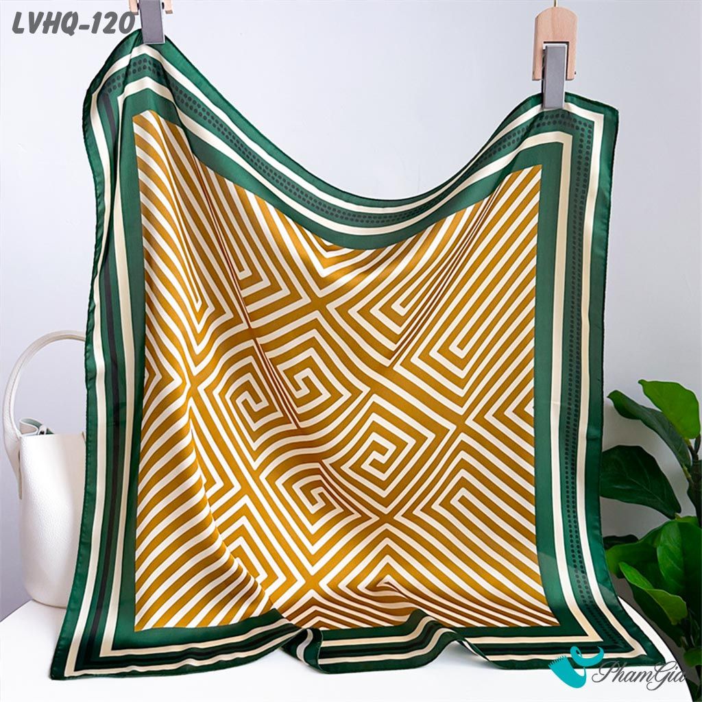 Khăn Lụa Vuông 70*70Cm Phong Cách Hàn Quốc Họa Tiết Kẻ Sọc Phối Viền Xanh (LVHQ120)