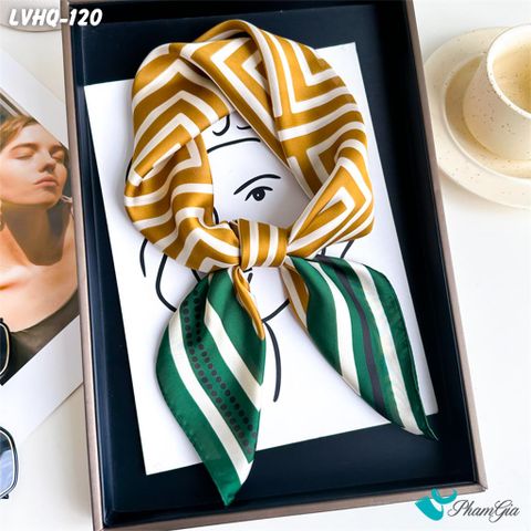 Khăn Lụa Vuông 70*70Cm Phong Cách Hàn Quốc Họa Tiết Kẻ Sọc Phối Viền Xanh (LVHQ120)