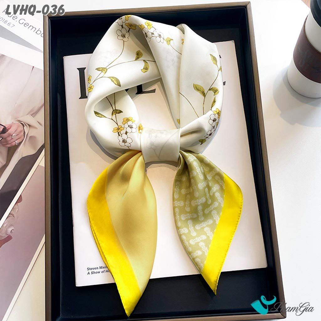 Khăn Lụa Vuông 70*70Cm Phong Cách Hàn Quốc Họa Tiết Hoa Dây Leo Màu Vàng Chanh (LVHQ036)