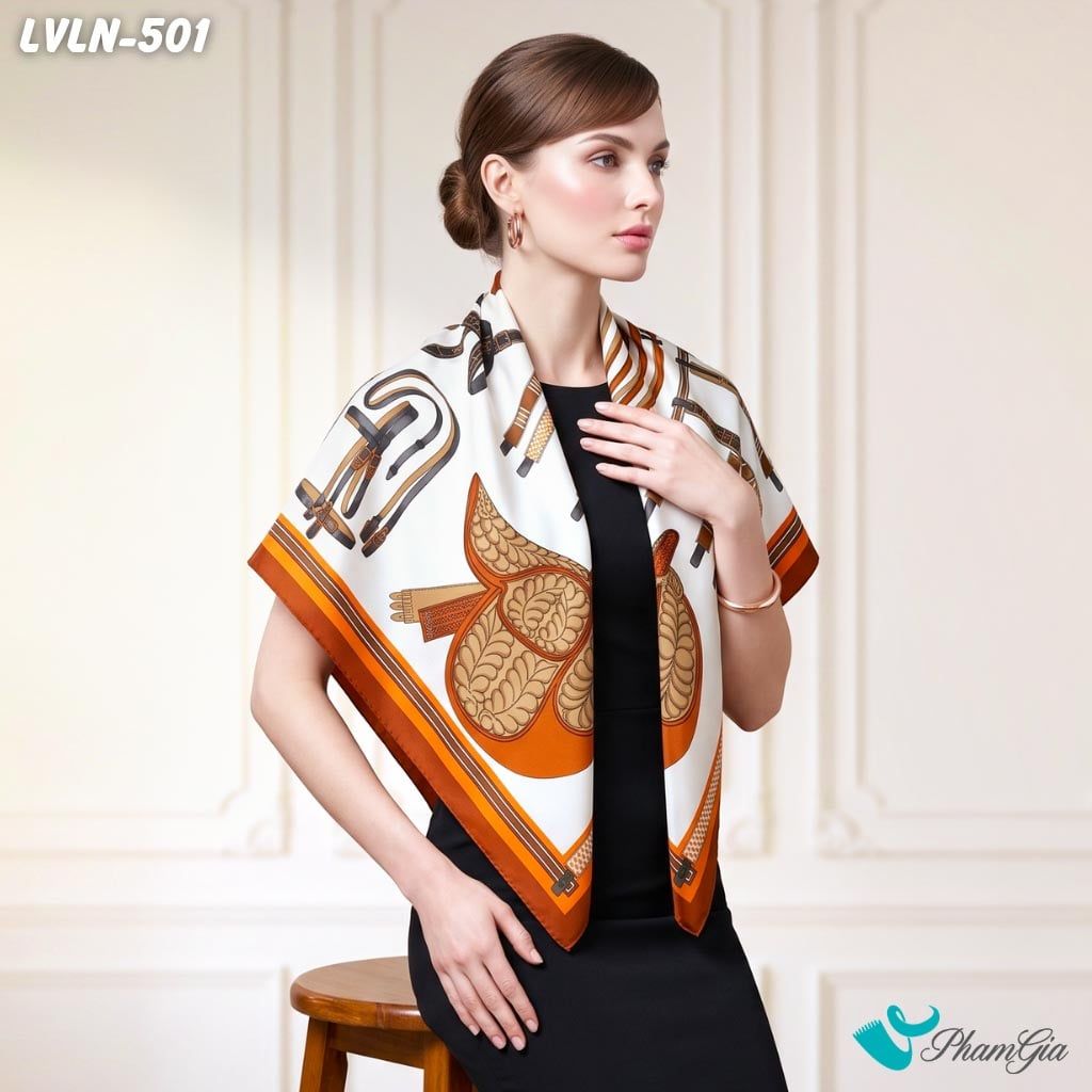 Khăn Lụa Vuông Luna 90X90Cm Họa Tiết Mã Cụ Quý Tộc Màu Cam Đất Sang Trọng (LVLN501)