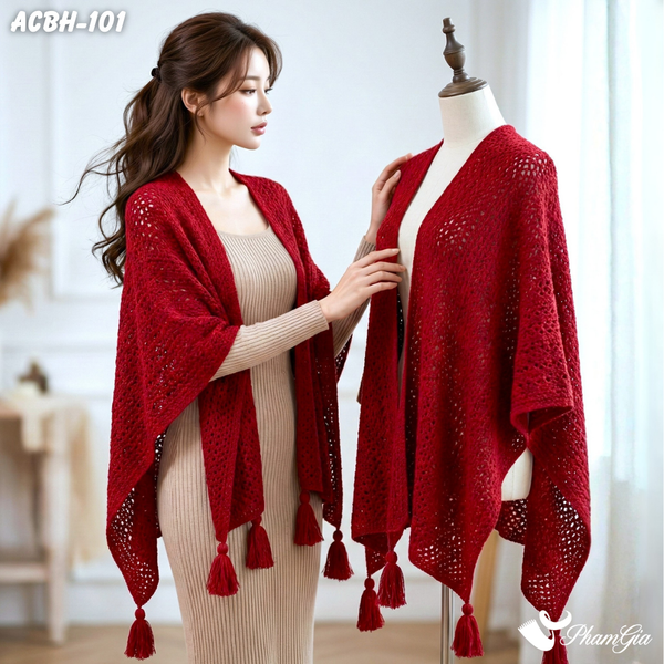 Áo Choàng Len Du Lịch, Giữ Ấm Phong Cách Boho Màu Đỏ (ACBH101)