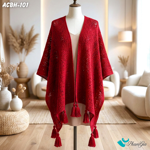 Áo Choàng Len Du Lịch, Giữ Ấm Phong Cách Boho Màu Đỏ (ACBH101)