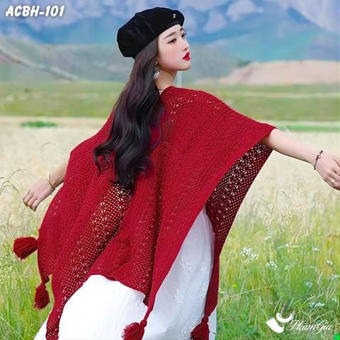 Áo Choàng Len Du Lịch, Giữ Ấm Phong Cách Boho Màu Đỏ (ACBH101)