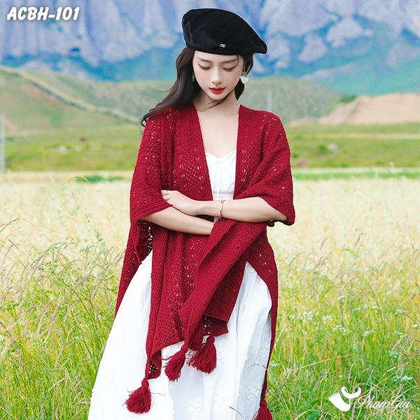 Áo Choàng Len Du Lịch, Giữ Ấm Phong Cách Boho Màu Đỏ (ACBH101)