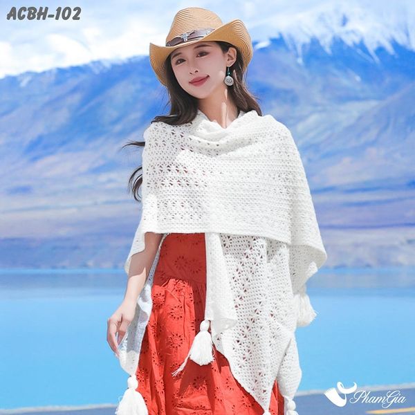 Áo Choàng Len Du Lịch, Giữ Ấm Phong Cách Boho Màu Trắng (ACBH102)