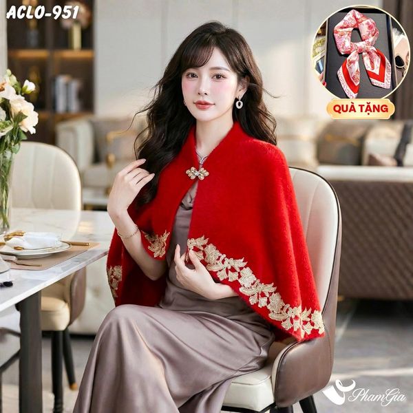 Áo Choàng Lông Luxury Phối Đăng Ten Cổ Điển Màu Đỏ Ruby Sang Trọng (ACLO951)