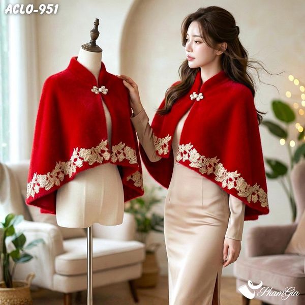 Áo Choàng Lông Luxury Phối Đăng Ten Cổ Điển Màu Đỏ Ruby Sang Trọng (ACLO951)