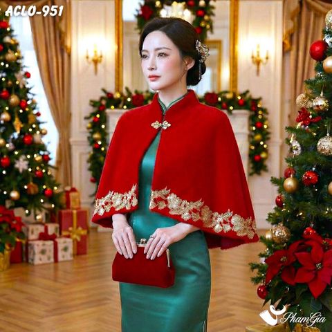 Áo Choàng Lông Luxury Phối Đăng Ten Cổ Điển Màu Đỏ Ruby Sang Trọng (ACLO951)