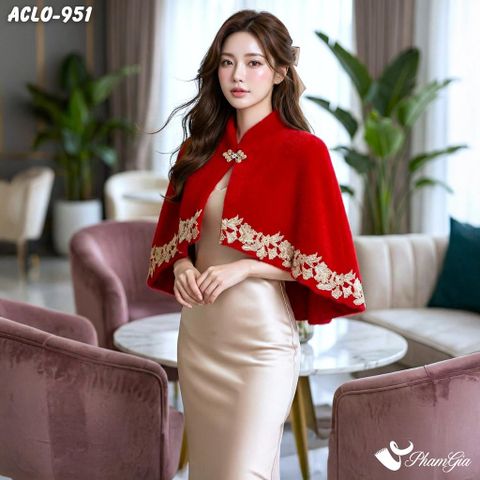 Áo Choàng Lông Luxury Phối Đăng Ten Cổ Điển Màu Đỏ Ruby Sang Trọng (ACLO951)