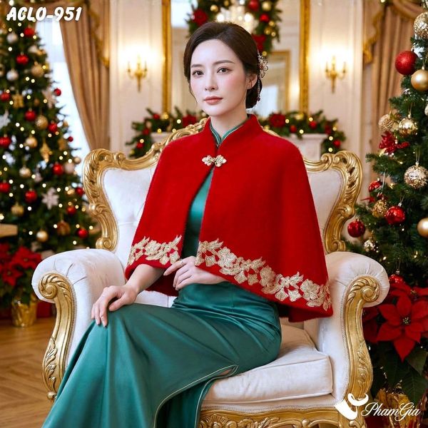 Áo Choàng Lông Luxury Phối Đăng Ten Cổ Điển Màu Đỏ Ruby Sang Trọng (ACLO951)