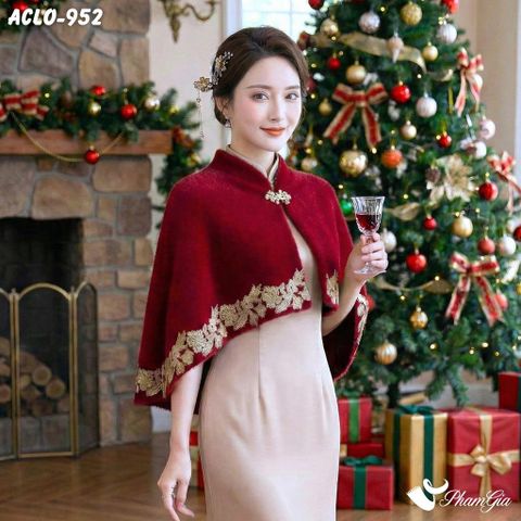 Áo Choàng Lông Luxury Phối Đăng Ten Cổ Điển Màu Đỏ Mận Kiều Diễm (ACLO952)