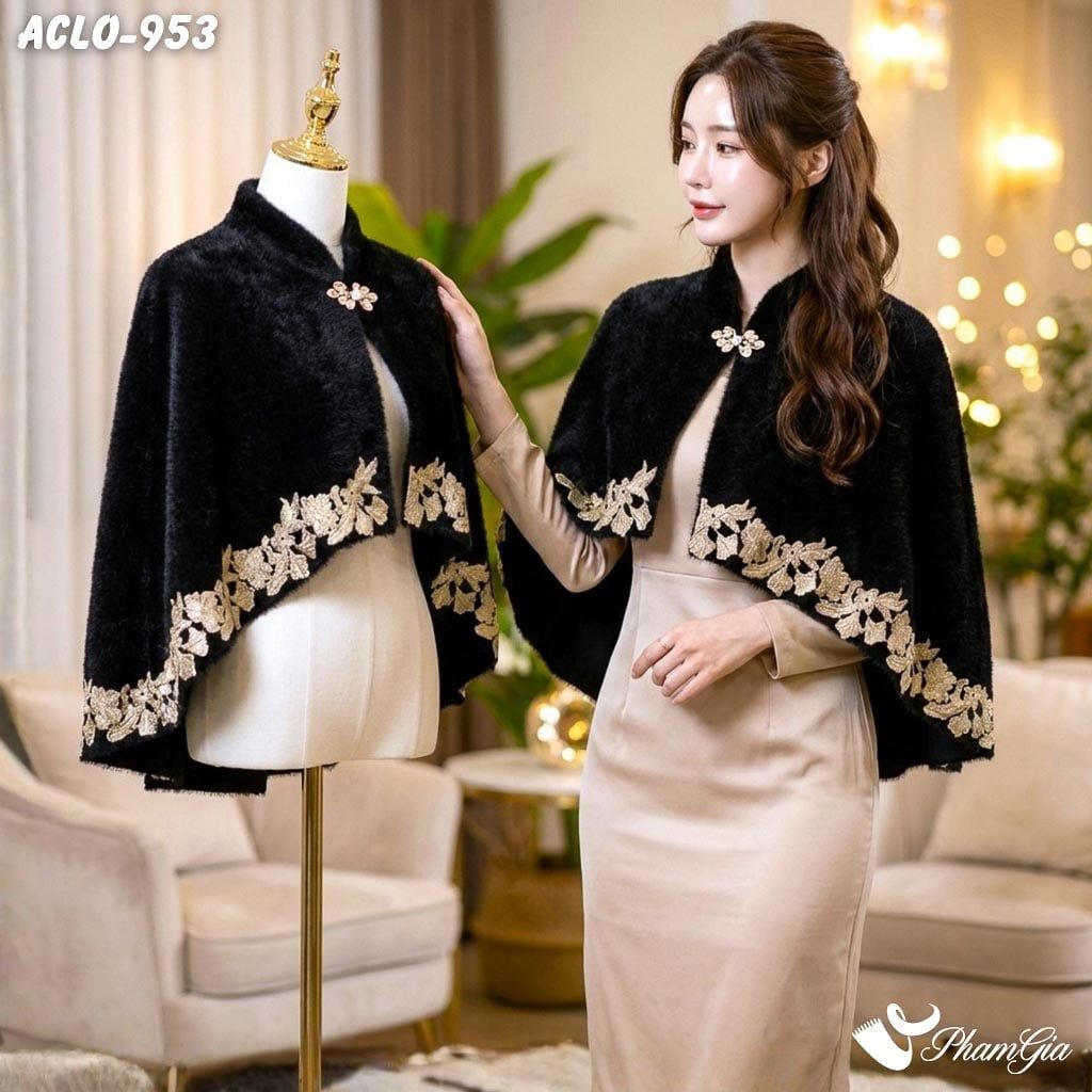 Áo Choàng Lông Luxury Phối Đăng Ten Cổ Điển Màu Đen Quý Phái (ACLO953)