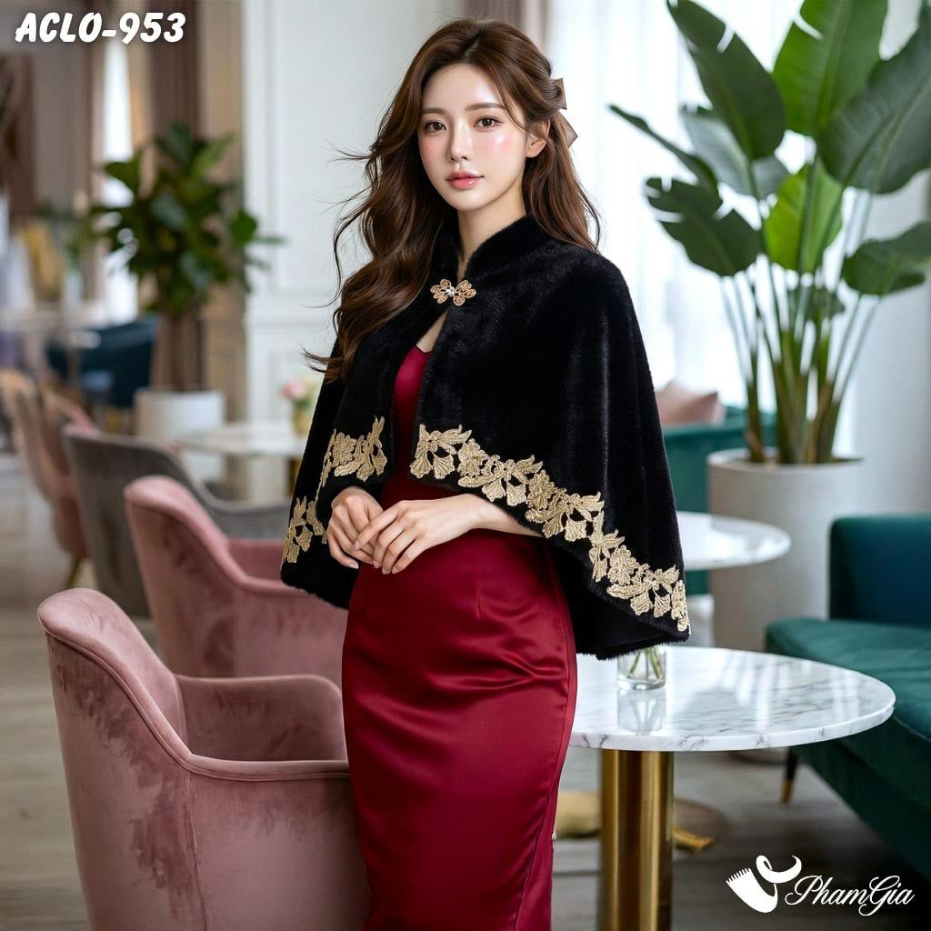 Áo Choàng Lông Luxury Phối Đăng Ten Cổ Điển Màu Đen Quý Phái (ACLO953)