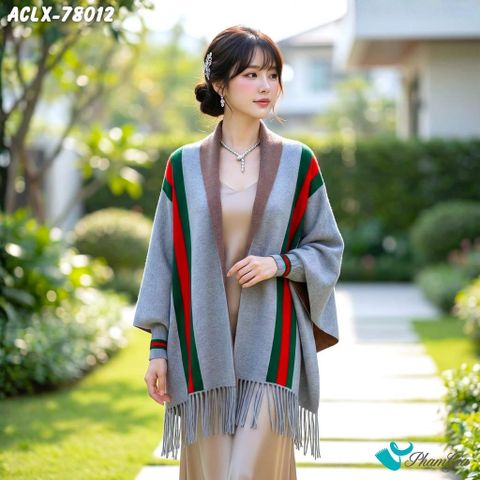 Áo Choàng Len Cashmere Luxury Họa Tiết Kẻ Sọc Màu Xám (ACLX78012)