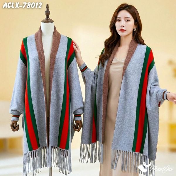 Áo Choàng Len Cashmere Luxury Họa Tiết Kẻ Sọc Màu Xám (ACLX78012)