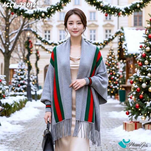 Áo Choàng Len Cashmere Luxury Họa Tiết Kẻ Sọc Màu Xám (ACLX78012)