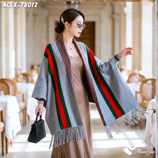 Áo Choàng Len Cashmere Luxury Họa Tiết Kẻ Sọc Màu Xám (ACLX78012)