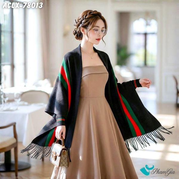 Áo Choàng Len Cashmere Luxury Họa Tiết Kẻ Sọc Màu Đen (ACLX78013)