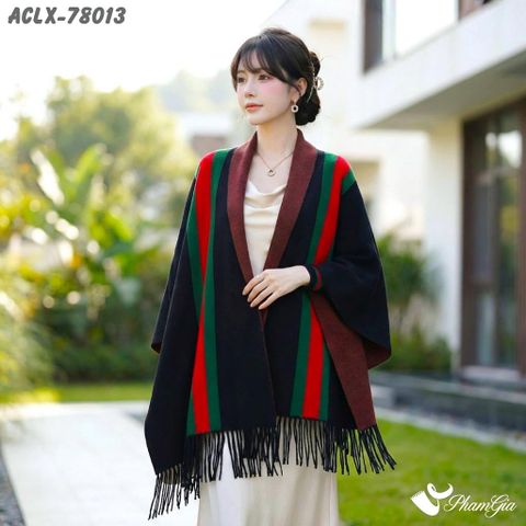 Áo Choàng Len Cashmere Luxury Họa Tiết Kẻ Sọc Màu Đen (ACLX78013)