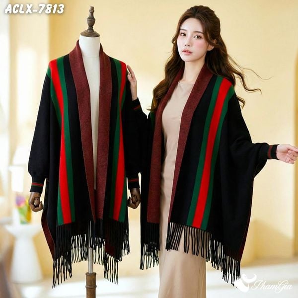 Áo Choàng Len Cashmere Luxury Họa Tiết Kẻ Sọc Màu Đen (ACLX78013)