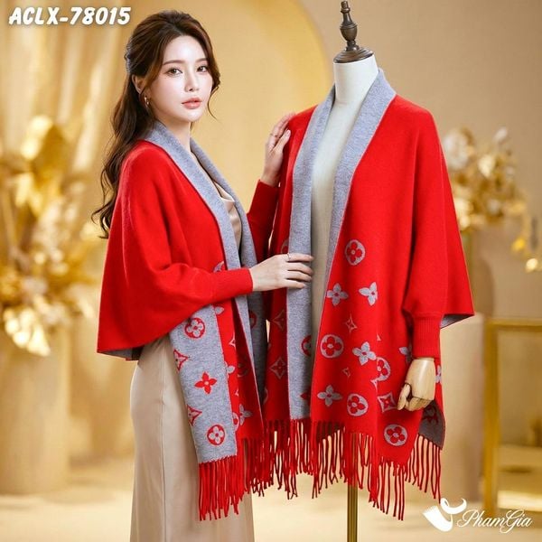 Áo Choàng Len Cashmere Luxury Họa Tiết Monogram Màu Đỏ (ACLX78015)